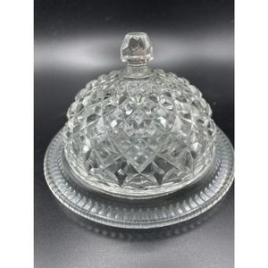 Antique Flint Glass Diamond Block Covered Butter / Jam Dish